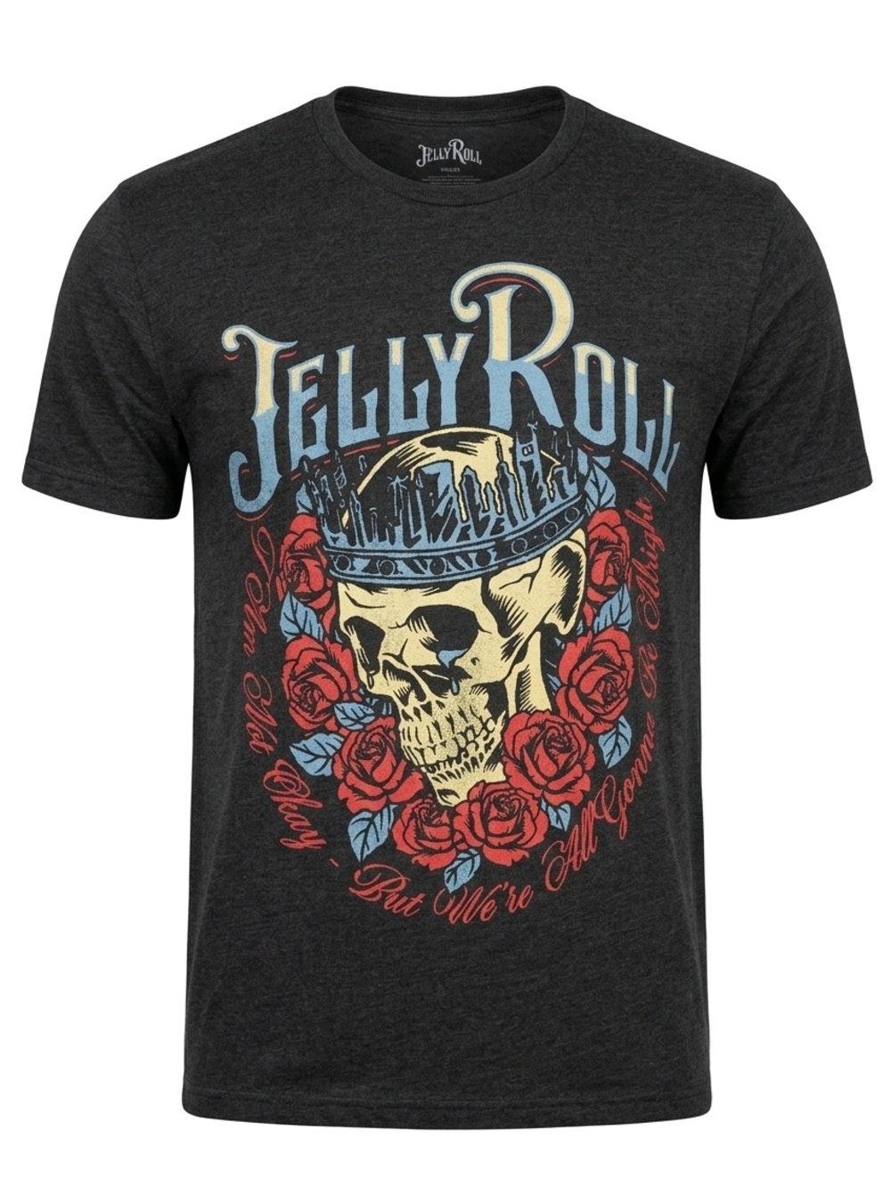 Jelly Roll Concert T Shirt. Men’s Black Skull & Roses Graphic Tee